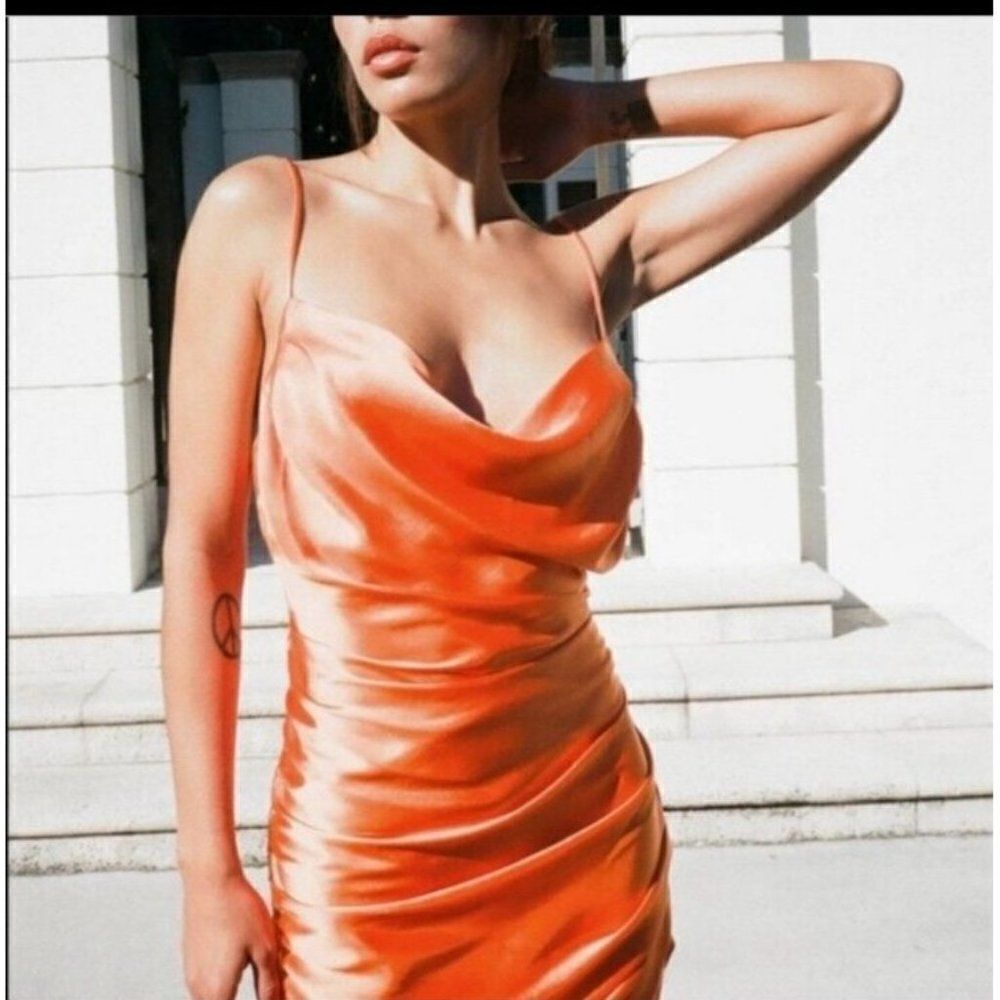 Zara Dress Orange Satin Effect Draped Mini Size Small